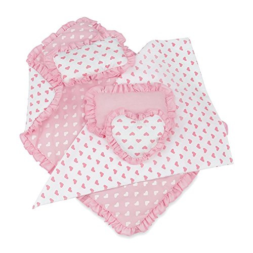 18 Inch Doll Accessories | Reversible Pink Heart Print Ruffled Bedding Set with Comforter, 3 Pillows and Sheet | Fits American Girl Dolls by Emily Rose Doll Clothes