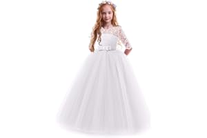 IWEMEK Enfants Fille Robe de Carnaval Princesse Longue en Dentelle avec Bowknot Demoiselle d'honneur Robe de Soirée Mariage Robe de Première Communion Anniversaire Fête Photographie 2-14 Ans