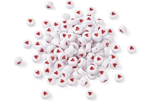 BB BEADTHOVEN Beadthoven, 200 perline in acrilico a forma di cuore, 7 x 7 x 3,5 mm, piatte rotonde a forma di cuore, per creazione di gioielli e da usare come distanziatori, rosso e bianco