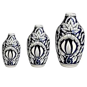 Craftghar Set of Bud Vases in Handmade Blue Pottery (Set of 3) | Hand Painted Flower Vase Ceramic