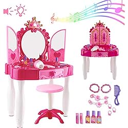 deAO Ensemble de Jeu de beauté avec Coiffeuse et Miroir Glamour; Accessoires de Maquillage; Tabouret; Fonction de Lumière et de Musique - Super Cadeau