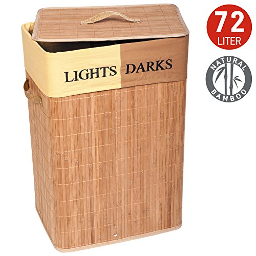 Tatkraft Dakota Groß 72L Wäschekörbe - Bodenkorb aus Bambus mit zwei Fächern für Helle und Dunkle Wäsche