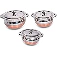 HS Enterprise™ Serving Handi 3 Pcs. Set Copper Bottom 0.750 L, 1 L, 1.5 L, Stainless Steel Cooking Pot Biryani Punjabi Kitchen Serving, Bowl with Lid and Handle Cookware Set