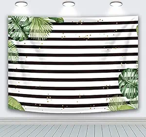 RUINI Polyester Fabric Black and White Stripe Green Leaf Glitter Backdrop Palm Tree Sequin Photography Backdrop Birthday Party Photo Studio Backdrop 7X5FT