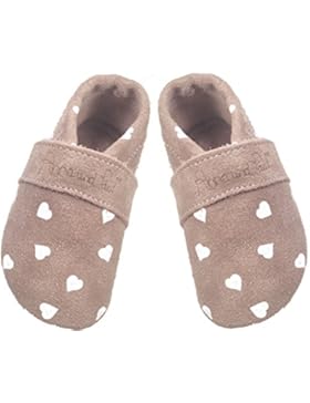 Ana und Paul - Krabbelschuhe aus Leder mit Ledersohle - Uni Rosa bedruckt mit Herzchen -