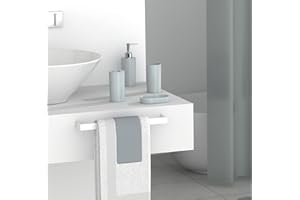 FurnitureXtra Modern Design 7 Piece Plastic Bathroom Accessory Set, Soap Dish, Tooth Brush Holder, Soap Dispenser, Tumbler, Shower Curtain, Curtain Rings and Bathmat (Grey)