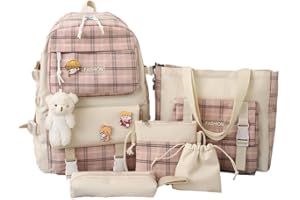 Mogame 5pcs Set Kawaii Plaid Backpack Combo Kit with Pin and Bear Pendant, Cute Children's Backpacks School Bag Handbag Tote Bag Backpack, Back to School Supplies