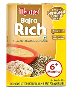 Manna Baby Cereal 200g | Baby Food (6+Months) Sprouted Bajra with Apple Powder | 100% Natural Health Mix | Infant Food