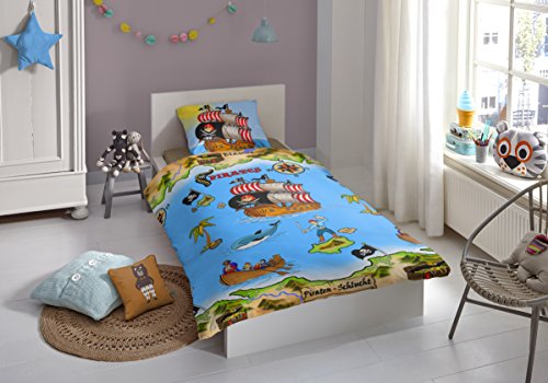 Aminata Kids – Jungen-Kinder-Bettwäsche 135×200 cm Pirat Seeräuber Piratenschiff Schatzinsel blau hochwertige Baumwolle Schatz Insel - 2