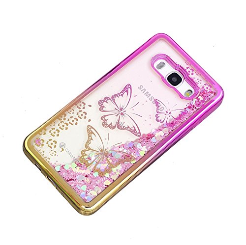 Samsung Galaxy J5 2016 Case, Pink Gold Plating Design, Edaroo 3d Cool Flowing Liquid Bling Sparkle Pink Hearts Glitter Style Beautiful Butterflies Flower Pattern Slim Thin Fits Soft Rubber TPU Bumper Protective Case Cover for Samsung Galaxy J5 (2016) - 2