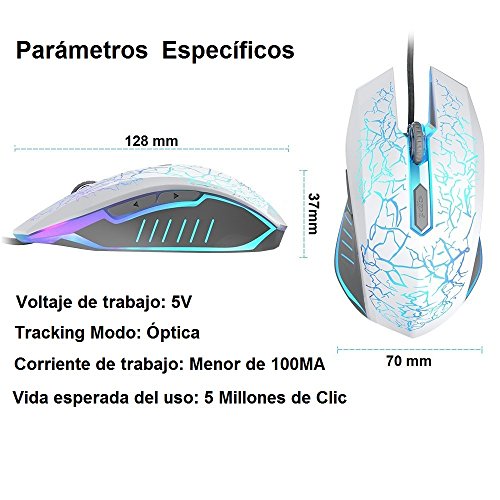 VersionTECH  Rat  n Gaming con Cable hasta 2400 DPI Rat  n Ergon  mico   ptico para Juegos con 7 Colores Luz LED 6 Bot  n Gaming Mouse Wired para PC Ordenadores Port  til Mac Blanco 