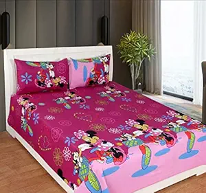 SinghsVillas Decor Kids Cotton Cartoon Printed Super Soft Pink Double Bedsheet with 2 Pillow Covers