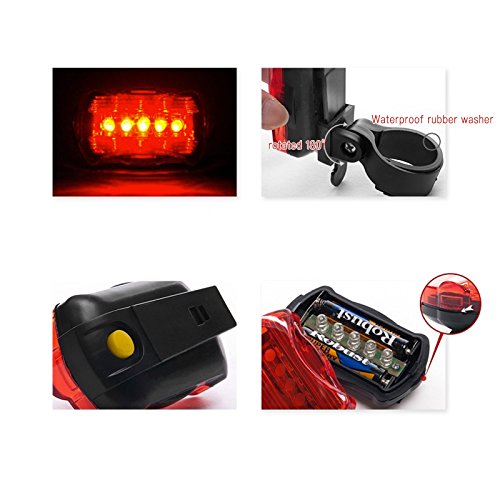 Rücklicht, Yesloo 5 LED Fahrradbeleuchtung mit 7 Leuchtmodi Wasserdichte Fahrrad Licht/ Nacht Rück Fahrradlampe, Akku Betrieben, Schwarz & Rot - 5
