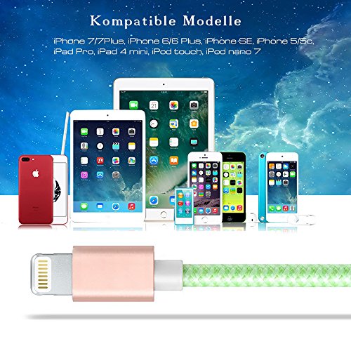 TheSmartGuard – Lightning Kabel / Datenkabel / Ladekabel [2.1 A] für Apple iPhone 7, 7 Plus, 6, 6s, 6 Plus, 6s Plus, SE, 5s, 5, 5C sowie alle iPad mit Lightning Anschluss | Nylon Ummantelt | Farbe: Grün | Länge: 1 Meter / 1m - 4