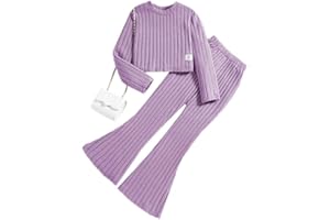 JiAmy Girl's Clothing Set Girl Flare Legging Set Fall Winter Outfit Ribbed Long Sleeve Crop Top Plain Shirts 7-11 Years