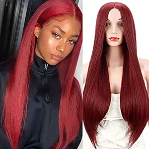 Kalyss Womens Long Straight Wine Red Mid Split Bangs Heat Resistance Kanekalon Full Hair Wig