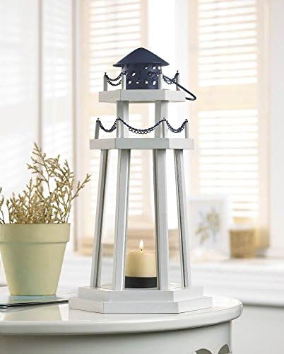 Lighthouse Point Wooden Lantern White Nautical Candle Holder Centerpiece