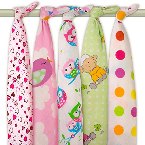 5 x Lovely Owls & Dots Super Soft High Quality Baby Flannel Muslin Squares, Large 80x70, 100% Organic Brushed Cotton Baby Flannelette. Ideal for Newborn - Baby Girl or Baby Boy. Lovely Set by GMGold