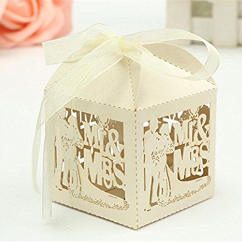 ULTNICE 50 Stück hohl Süßigkeiten Geschenke Boxen für Hochzeit Mitbringsel Dekor mit Ribbon, Beige - 5