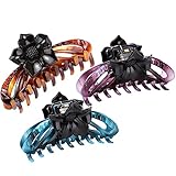 LONEEDY Pack of 3 No-slip Grip Large Crystal Plastic Octopus Flowers Jaw Clips Hair Claw for Women (Purple + Blue + Brown)