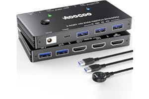 AOOCOO KVM Switch HDMI 8K@60Hz, switch KVM HDMI per 2 computer che condividono 1 monitor e 3 dispositivi USB 3.0, telecomando via cavo e cavo USB inclusi