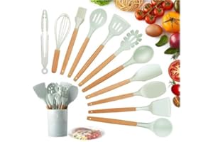 JIMENA Y SUS COSAS Juegos de cocina. Utensilios Cocina de Silicona 12 Piezas. Set utensilios de cocina silicona Resistentes al Calor y Antiadherentes con Mango de Madera (verde)