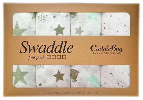 Muslin Swaddle Blankets 4 Pack - CuddleBug 47 inch x 47 inch Large Muslin Swaddles - Best Soft Cotton Muslin Blankets - Best Baby Shower Gift - Perfect for Nursery Sets - Unisex for Boys or Girls - 4 Cute Designs - Lifetime Guarantee!