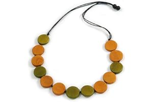 Avalaya Worn Effect Olive/Orange Wood Button Bead Necklace with Black Cotton Cord - 74cm Long Adjustable