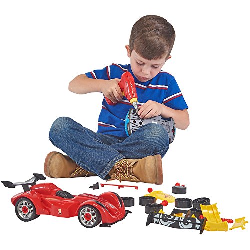 Prextex 4 in 1 Build Your Own Racer Car Set With Real Working Drill And Screws 53 Piece Take-A-Part Toy for boys And Girls with Lights and Sounds