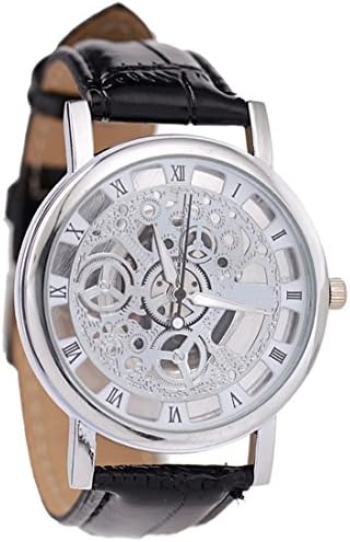 Skeleton Watch Mens Vintage Mechanical Watch Steampunk influenced Zinc Alloy with PU Leather Band Wristwatch (Silver Dial+Black Band)