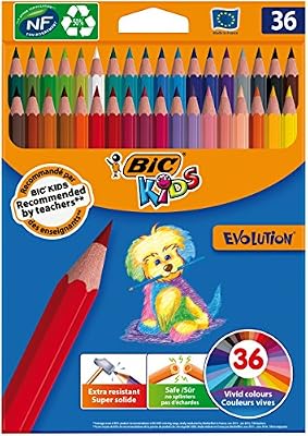 BIC Kids Evolution ECOlutions Crayons de Couleur - Coloris Assortis, Coloris Assortis, Etui Carton de 36