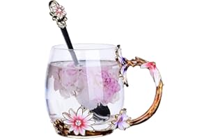Biigming Tasse à thé en Verre émaillé de Papillons Fleurs avec Cuillère en acier, Cadeau Parfait pour Femme, épouse, Petite Amie, Fête des mères, Saint-Valentin, Anniversaire (Marguerites-330ml)