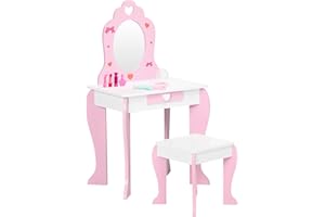 ZONEKIZ Tocador Infantil de Madera Tocador para Niñas con Taburete y Espejo Tocador de Maquillaje para Niñas de 3-6 Años con Cajón 50x36,5x89,5 cm Rosa
