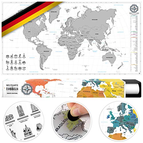 #benehacks Carte du Monde à gratter Poster Mural en Allemand - Décoration carnet de Voyage Aventures avec cartographie détaillée - Argent/Blanc - 84 x 44 cm