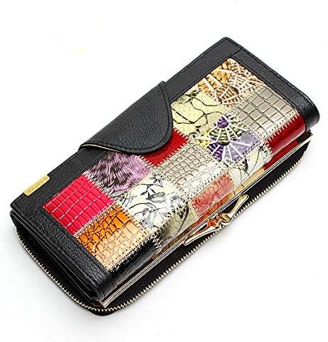 NIUIEME Genuine Leather Women Wallet Coin Pocket Female Long Purse with Zipper Pocket (Black)