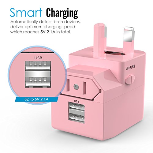 MoKo Universal Reiseadapter – All-in-One US / EU / UK / AU Reisestecker AC Power Wall Charger Konverter Stecker Adapter mit 2 USB Ports 2.1A für Smartphone, iPhone, iPad, MP3 Player, Rosa - 4