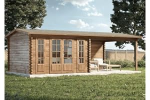 Alpholz Gartenhaus Freiburg-44 aus Massiv Holz, Freizeithaus, Blockhaus 44 mm Wandstärke, Garten Holzhaus Terrasse, Überdachung, Sitzecke Größe: 755 x 399 cm in Pinie mit Doppeltür