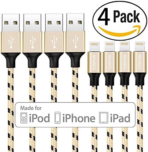 Lightning Cable,YEONPHOM 4Pack 3FT/1M Nylon Braided USB Charging Cables Sync Charger Cord for Apple iPhone 7/7 Plus/6/6s/6 plus/6s plus,5c/5s/5/SE,iPad Air/Mini/Pro,iPod Nano/Touch (Black/Gold)