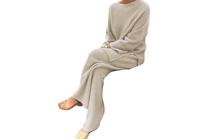 Onsoyours Femme 2 Pcs Pull Ensemble Tricoté Hiver Sweater Top en Maille Sweatshirt Chaud Chandail Sport Pantalon Jambe Large Hiver Ensemble Sportswear