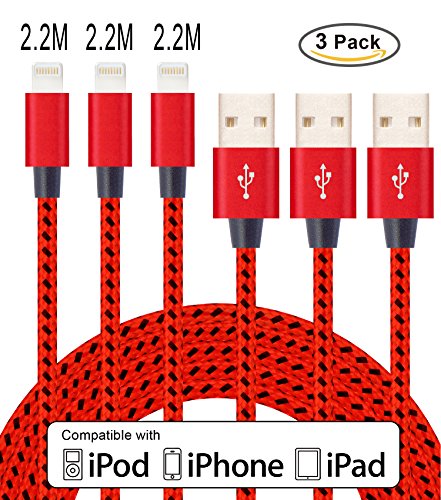 Flashstye 3 Pack 2.2M Phone Charger Nylon Braided Lightning to USB Cable Apple lightning cable for iPhone 7 Plus 6S Plus 6 Plus SE 5S 5C 5, iPad 2 3 4 Mini, iPad Pro Air, iPod.(Red Black)