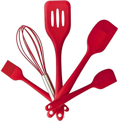 Set of 5 pieces cooking utensils in red silicone, Contains two spatulas, brush, whisk, slotted turner, Heat-resistant, BPA-free