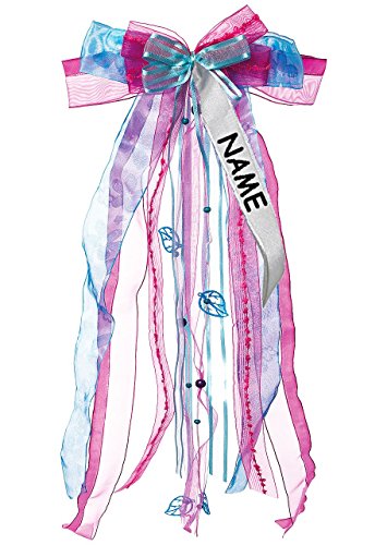 große 3-D Schleife – 24 cm breit u. 55 cm lang – “ rosa / pink – blau “ – Geschenkschleife / Geschenkband mit edlen Satin Bändern, Tüll & Perlenband – für Geschenke und Schultüten – groß Schleifenband Stoff – XXL -Geschenkbänder – Kinder & Erwachsene - 3