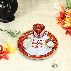 MARBLE POOJA THALI WITH SWASTIK PAINTED