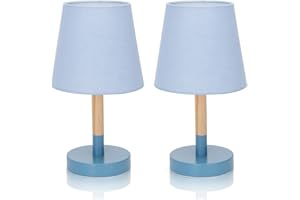 Aigostar 2 Piezas Lámpara de Mesa, Lámpara de Mesita de Noche Pequeña de Madera Moderna, lámpara de Noche con Tulipa de Tela Azul y Base de Metal, Portalámparas E14, Decorativa y Vintage