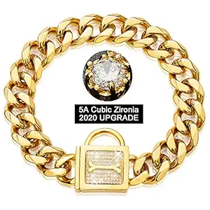 PRADOG Dog Collar with Zirconia Locking 19MM Gold Metal Puppy Collar Luxury Dog Bling Necklace Small Medium (19MM, 14