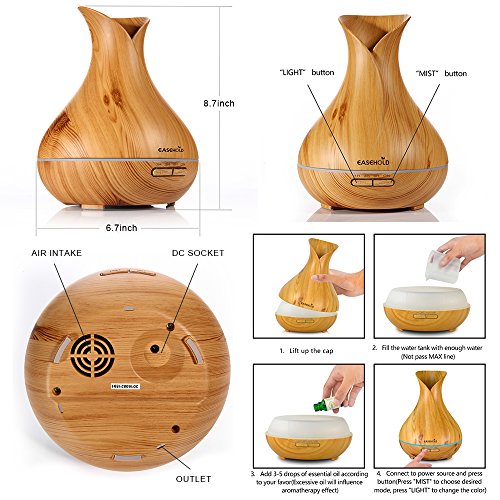EaseHold Aroma Diffuser 400ML Leise Kalten Nebel Luftbefeuchter Ultraschall Oil Düfte Humidifier Holzmaserung LED mit 7 Farben Elektrisch Duftlampe Humidifier LED Licht für Babies Kinder Haus Yoga Schlafzimmer Wohnzimmer Büro (400ml Blume, Gelb) - 2