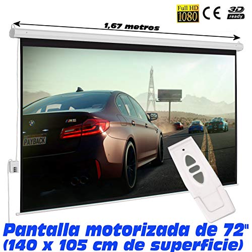 Pantalla de proyeccion electrica Luxscreen 72" pulgadas, área visible blanca 140 x 105cm, cajetín de 1,67 metros, incluye mando a distancia