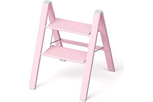 Rosa 2 Stufen Leiter, Ladnamy 2 Stufen Trittleiter klappbar, Aluminium Tritthocker, rutschfest & Tragbarer Stehleiter, Maximale Tragfähigkeit 150KG