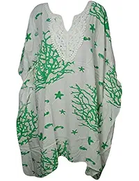 INDIATRENDZS Women Caftans Rayon Printed Kimono Kaftan Top 60" (White/Green)