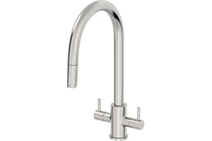 SÄUBER® Thun Kitchen Sink Mixer Tap Pull Out Single Spray Head Swivel Spout Brass Body Twin Dual Lever for Sinks Taps Modern Round, Brushed Nickel